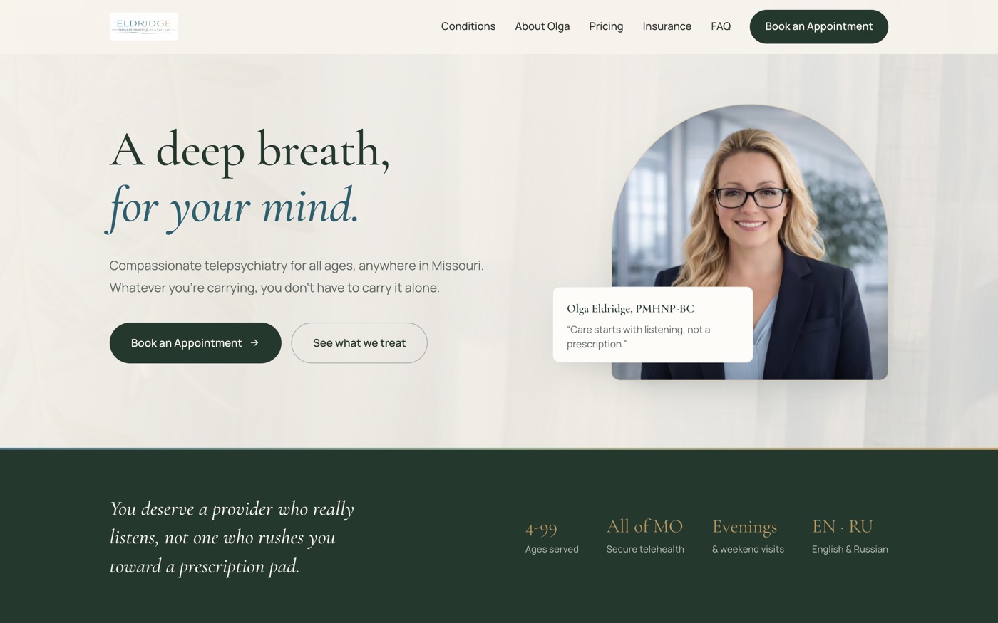 Eldridge Family Psychiatry website homepage